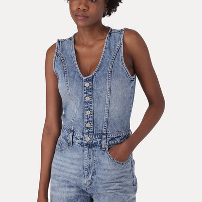 LEVI'S® WOMEN'S DENIM WIDE-LEG JUMPSUIT - MED INDIGO - WORN IN