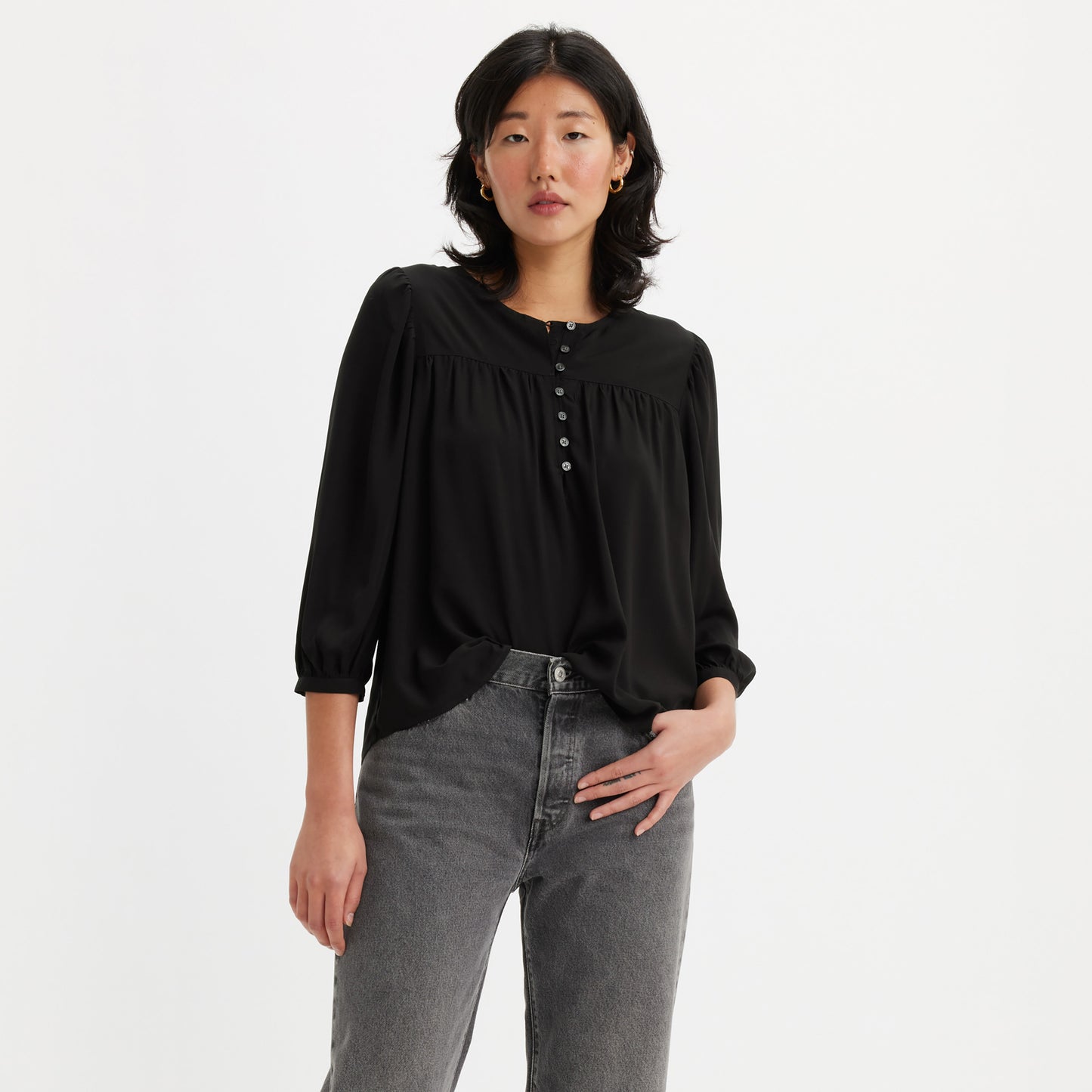 HALSEY 3/4 SLV BLOUSE CAVIAR - BLACK