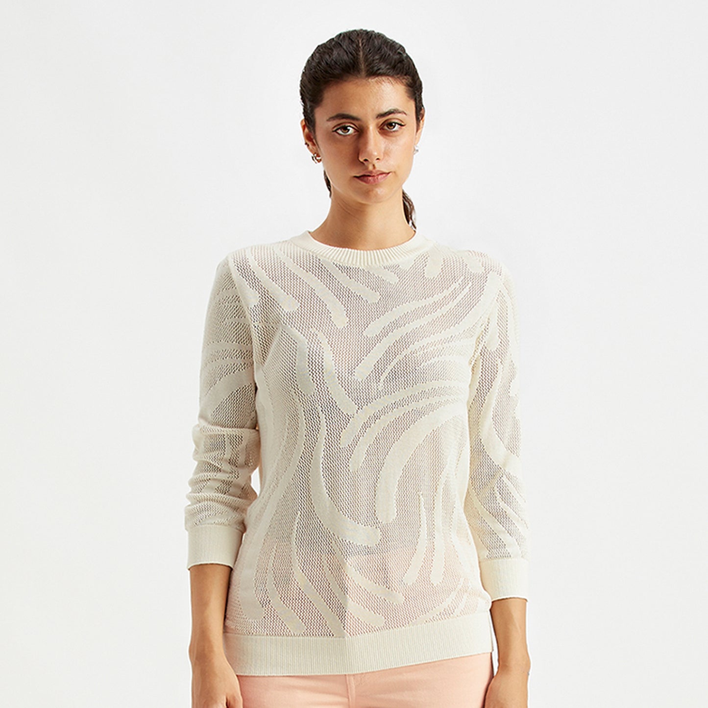 WOMEN'S SELF DESIGN OFF-WHITE CREW NECK SWEATER - OFF-WHITE