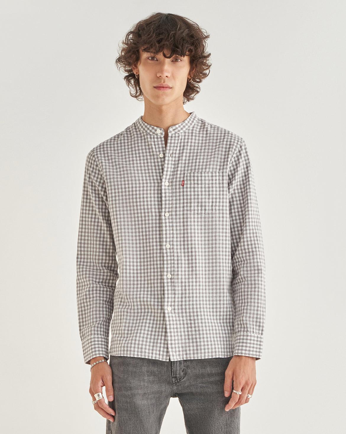 BANDED COLLAR ONE POCKET SHIRT - BLUE