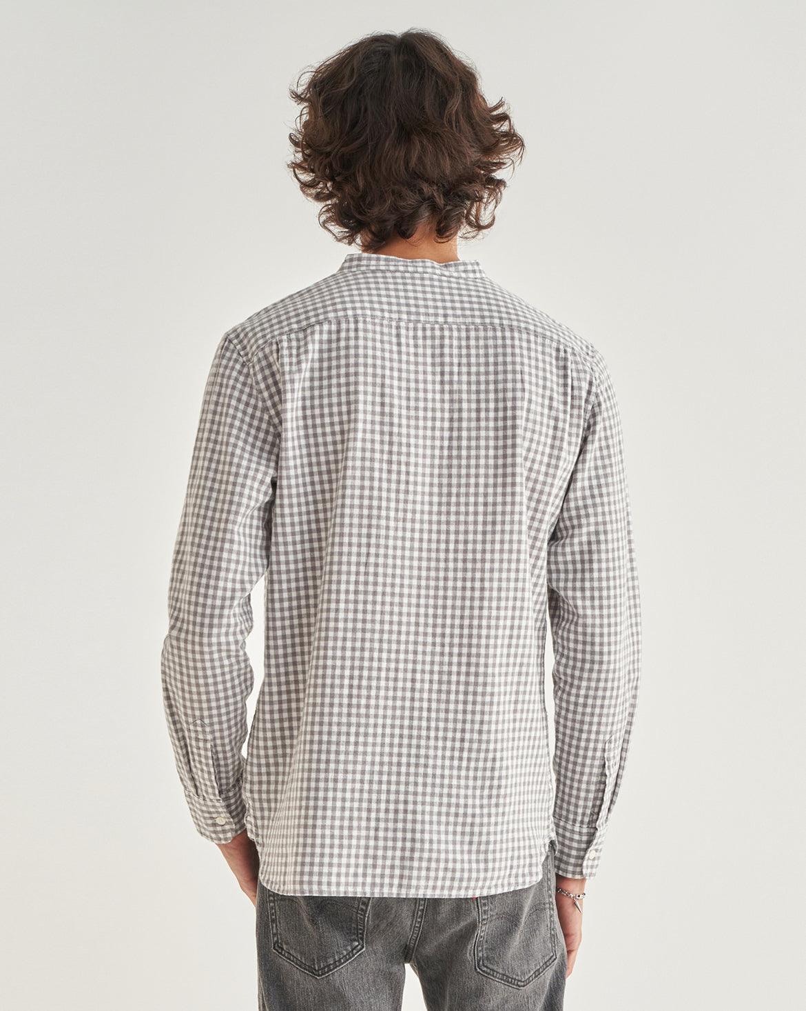 BANDED COLLAR ONE POCKET SHIRT - BLUE